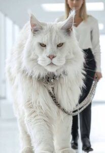 A giant Maine Coon cat with long, fluffy fur, a large body, and a bushy tail standing indoors.