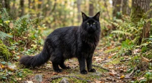 A black Maine Coon cat with long, fluffy fur, tufted ears, and a large bushy tail. 