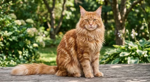 Two orange Maine Coon cats with long, fluffy fur, tufted ears, and bushy tails sitting together. 